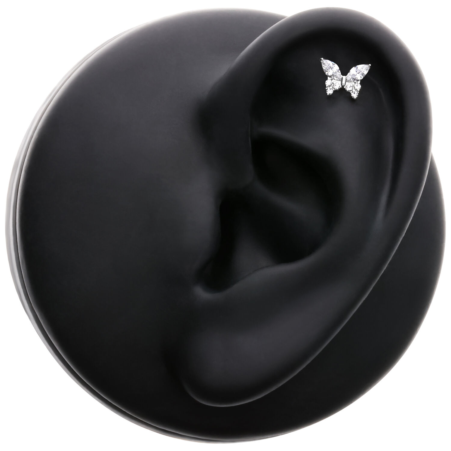 Embout papillon avec cristaux, Push Fit Embout papillon en argent avec cristaux clairs sur modèle d'oreille noir