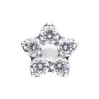 Embout fleur en titane argenté avec cinq cristaux clairs sur fond blanc