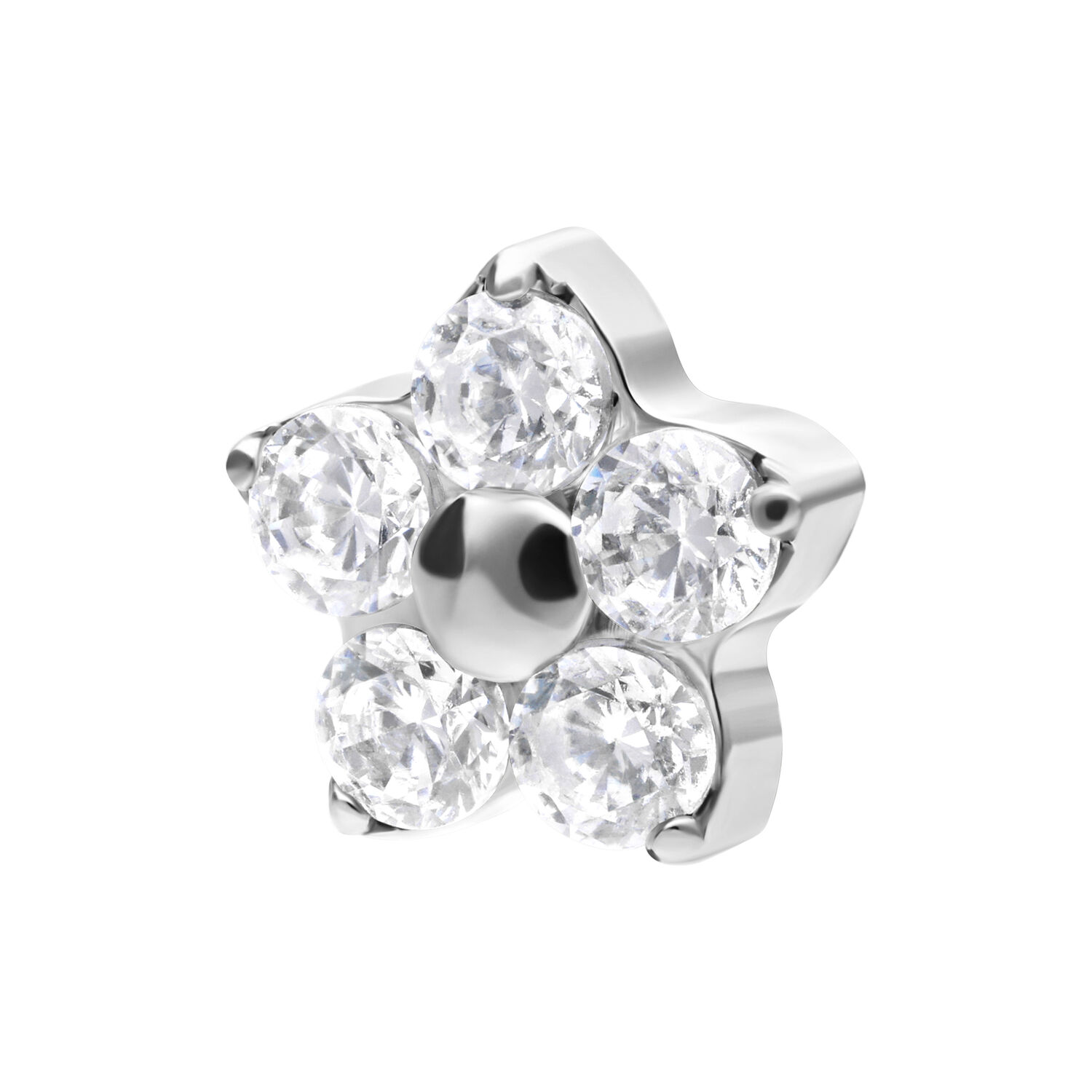 Embout fleuri en argent avec cristaux clairs sur fond blanc