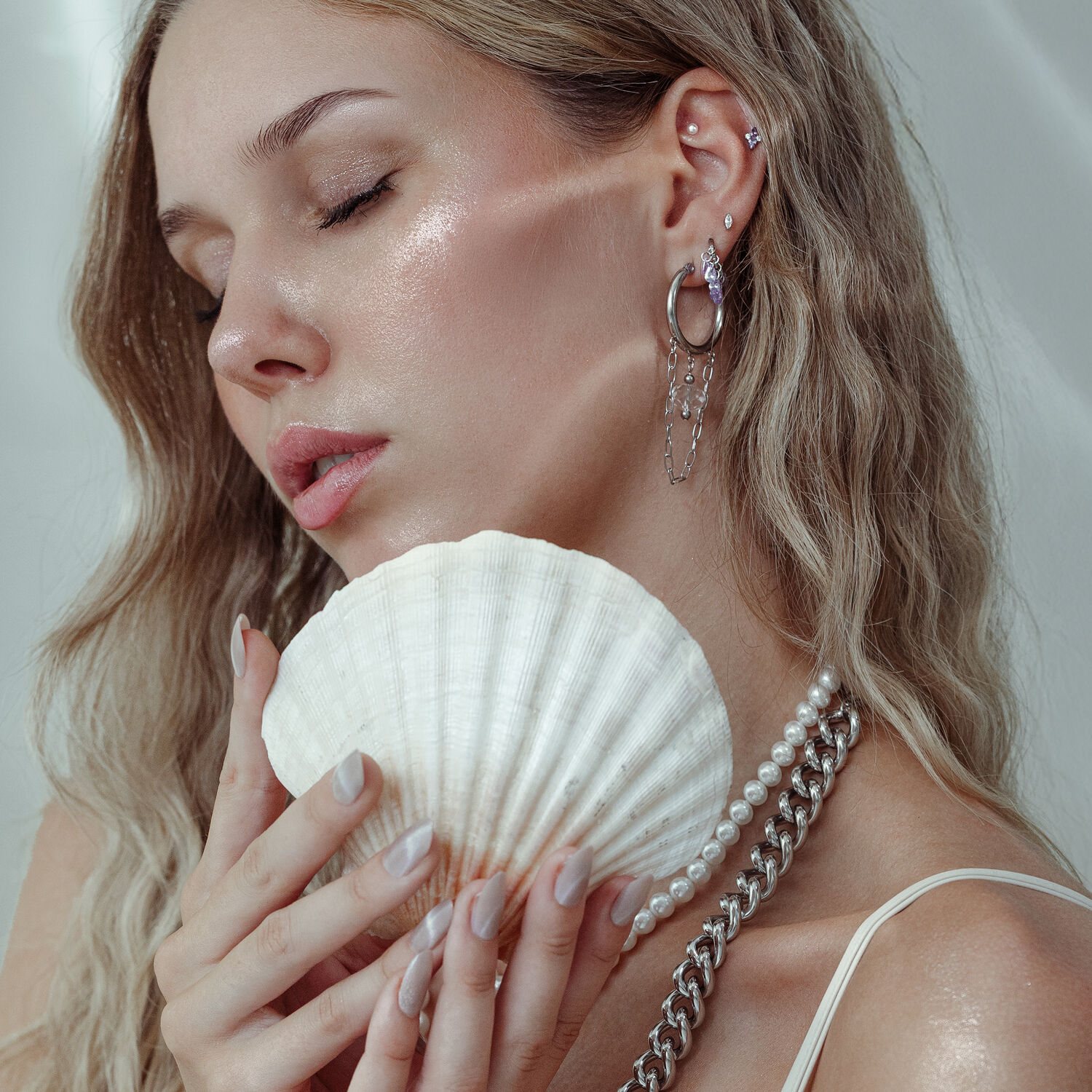 Embout Push Fit Crystal Harmony en argent et or Femme avec embout piercing et coquillage, boucles d'oreilles en argent et or