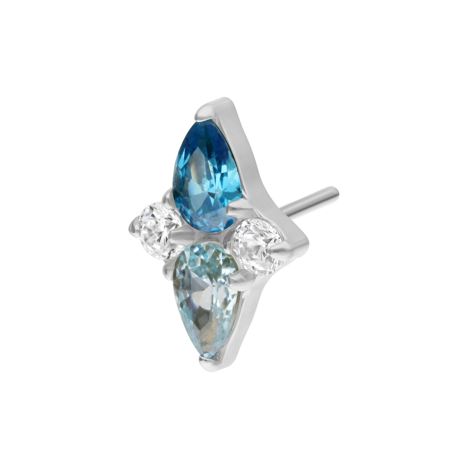 Embout Push Fit argenté avec cristaux turquoises Embout en métal argenté avec deux cristaux turquoises en forme de goutte et deux pierres claires sur fond blanc