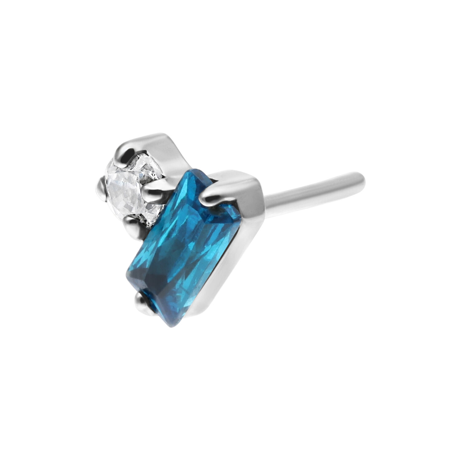 Embout Push Fit argenté avec cristal turquoise Embout Push Fit argenté avec cristal rectangulaire turquoise et cristal rond clair sur fond blanc