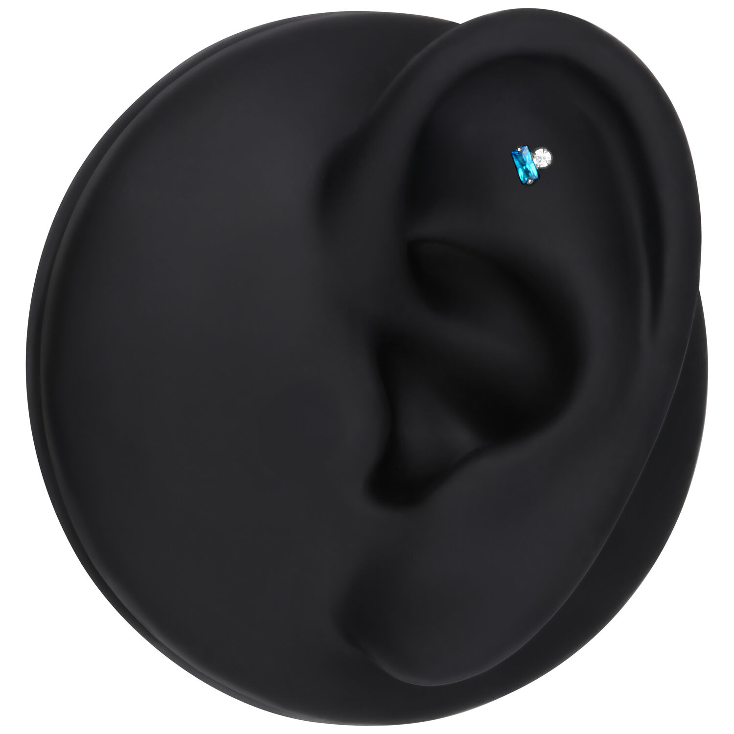 Embout Push Fit argenté avec cristal turquoise Embout en titane argenté avec cristal turquoise à l'oreille sur fond noir