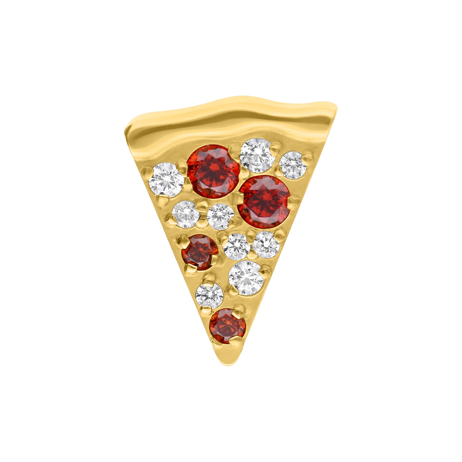 Embout de piercing en forme de pizza dorée avec cristaux rouges et clairs