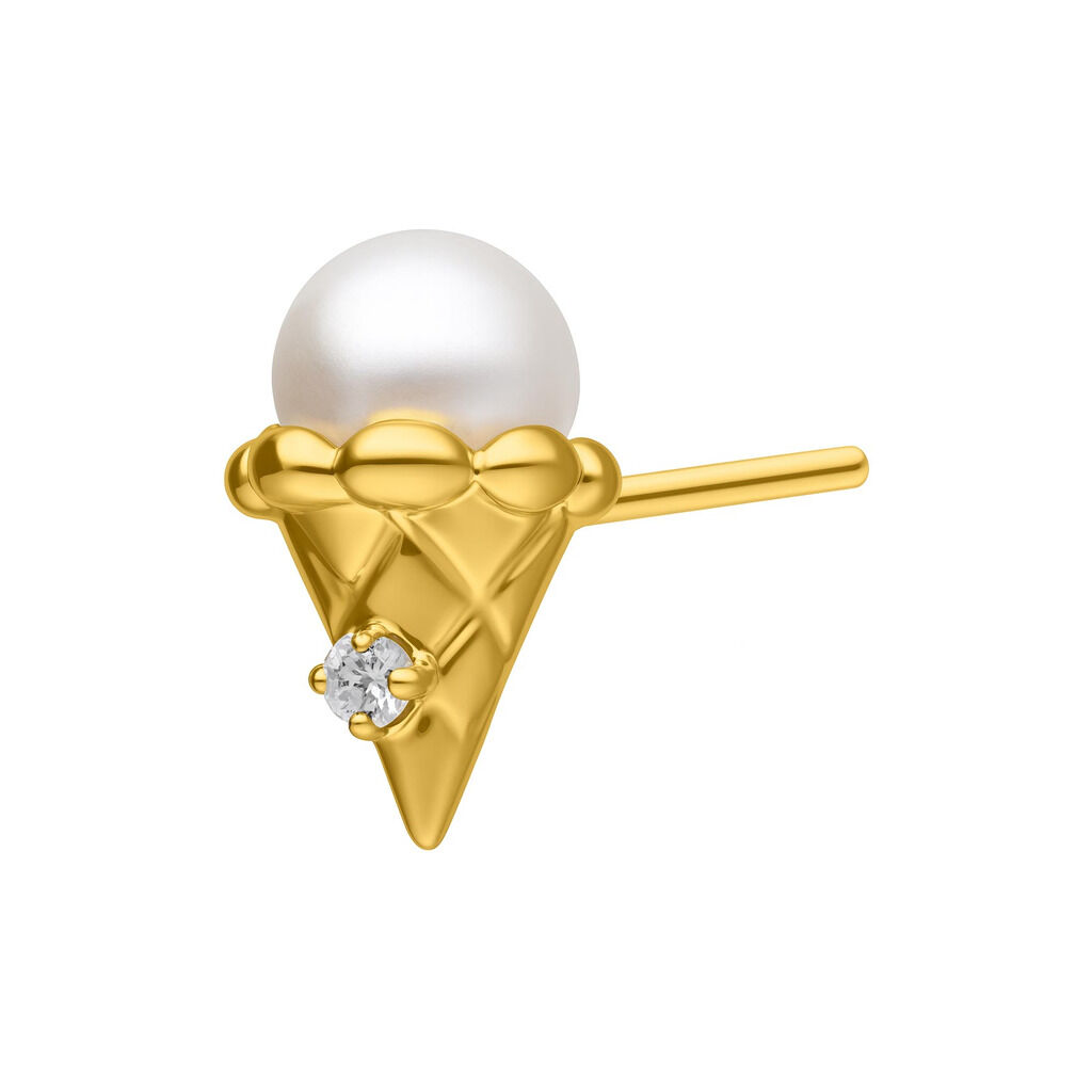 Embout de piercing crème glacée doré avec cristal Embout Push Fit doré en forme de cornet de glace avec cristal et perle blanche sur fond blanc