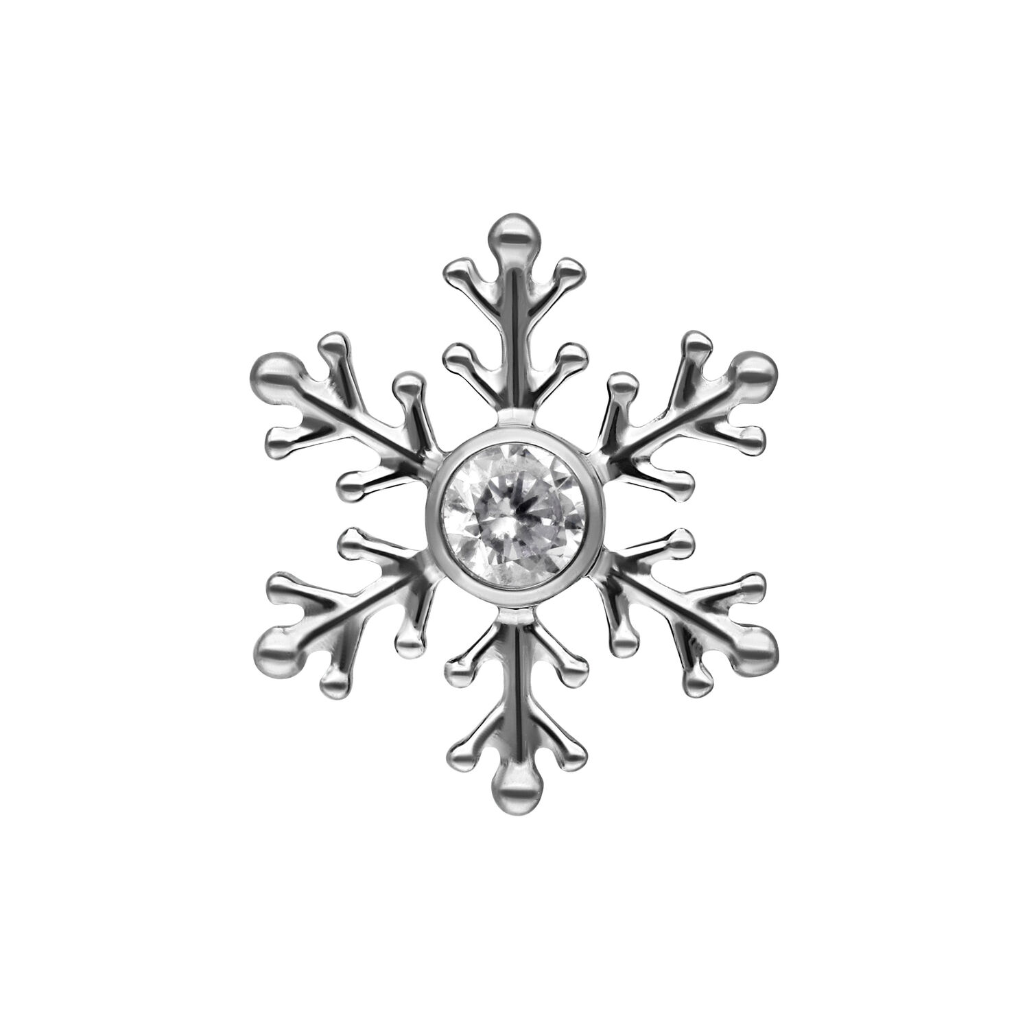 Embout Flocon de Neige Argenté avec Cristal Embout de piercing flocon de neige argenté avec cristal clair sur fond blanc