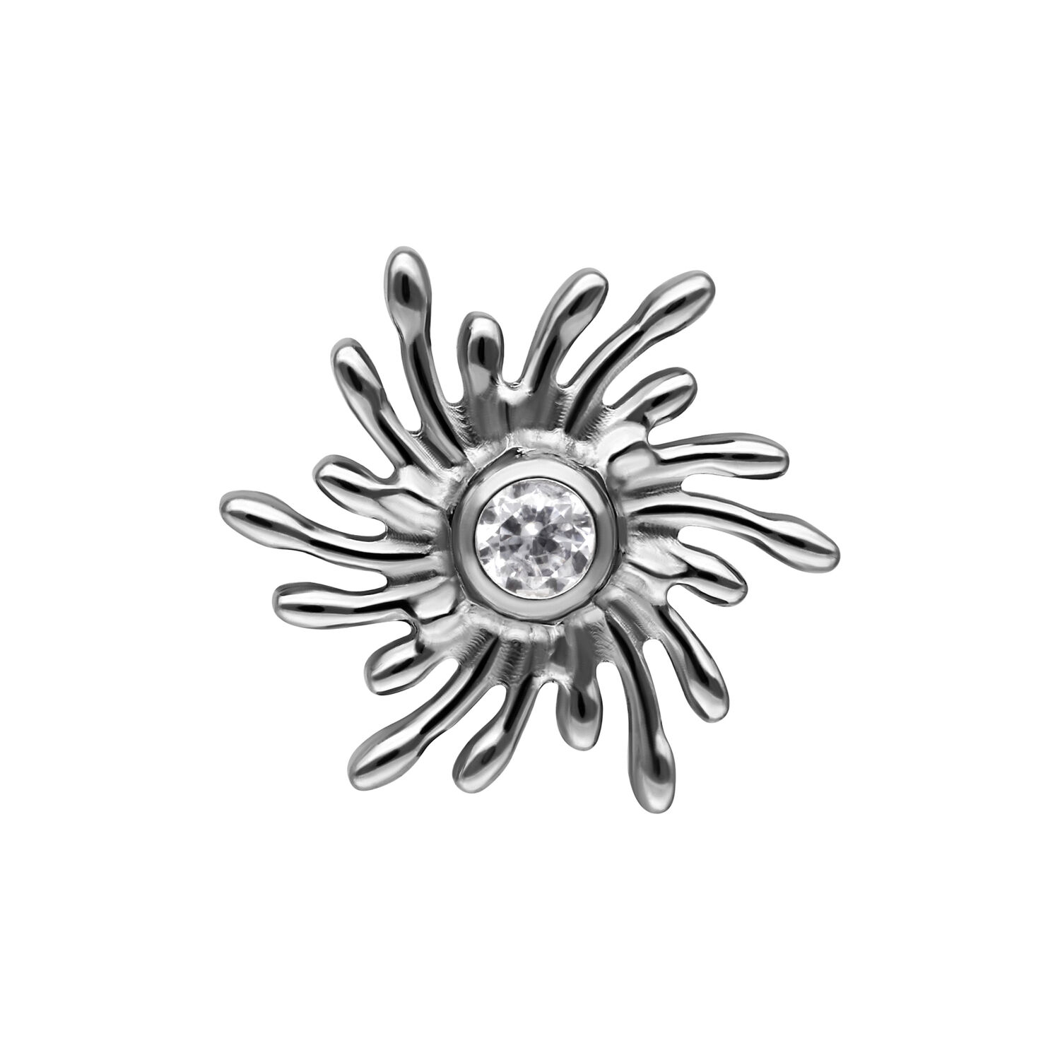 Push Fit Sunburst embout en argent avec cristal Embout Sunburst en argent avec cristal clair sur fond blanc