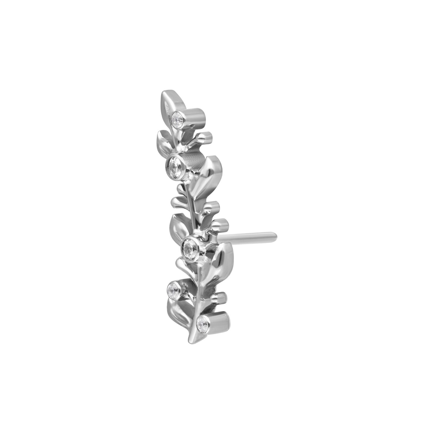 Embout Push Fit en Titane Argenté avec Cristaux Embout de piercing Push Fit argenté en forme de feuille avec des cristaux clairs sur fond blanc