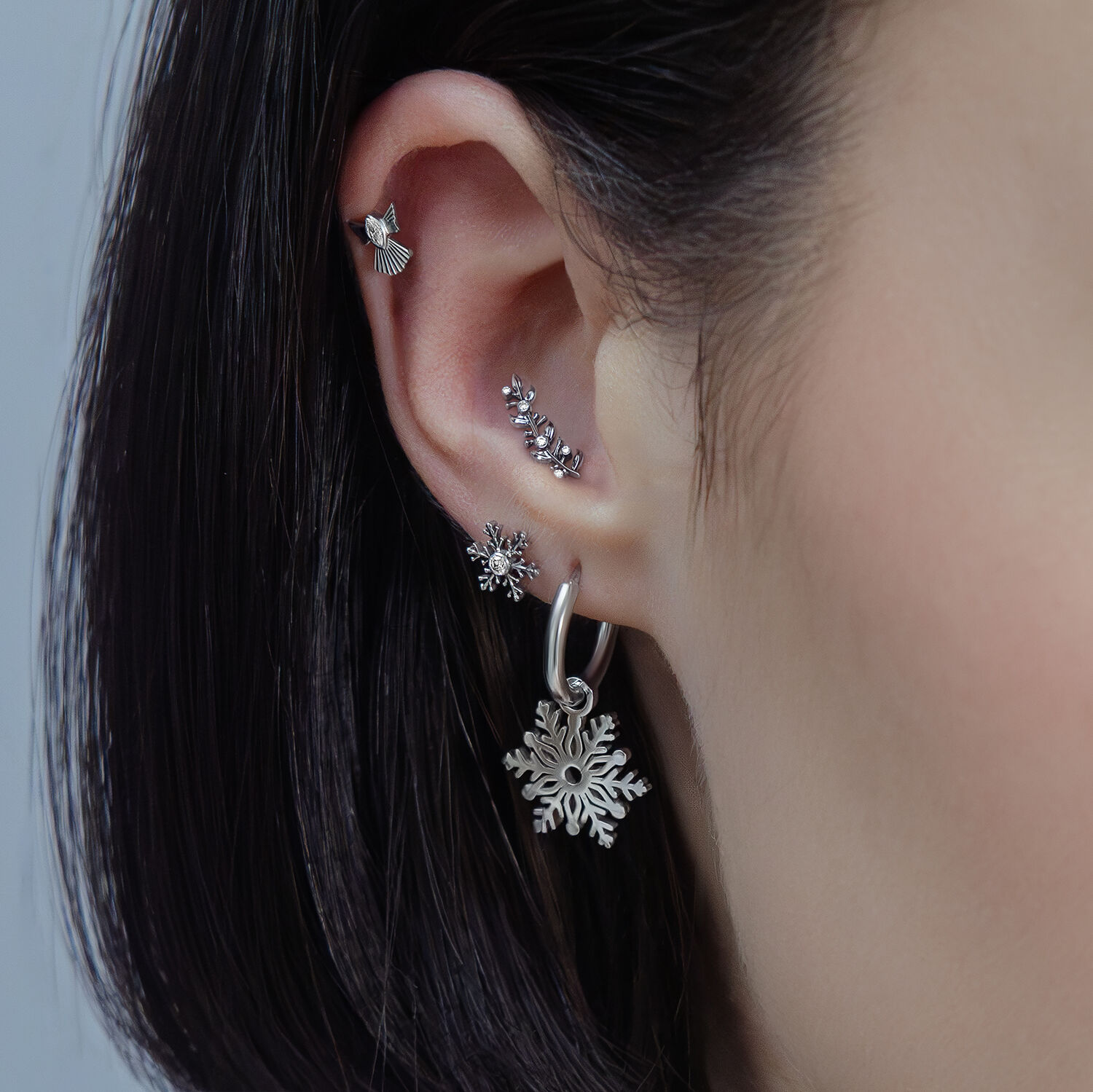 Embouts de piercing Push Fit argentés avec cristal Gros plan d'une oreille avec plusieurs piercings argentés de différents designs et cristaux
