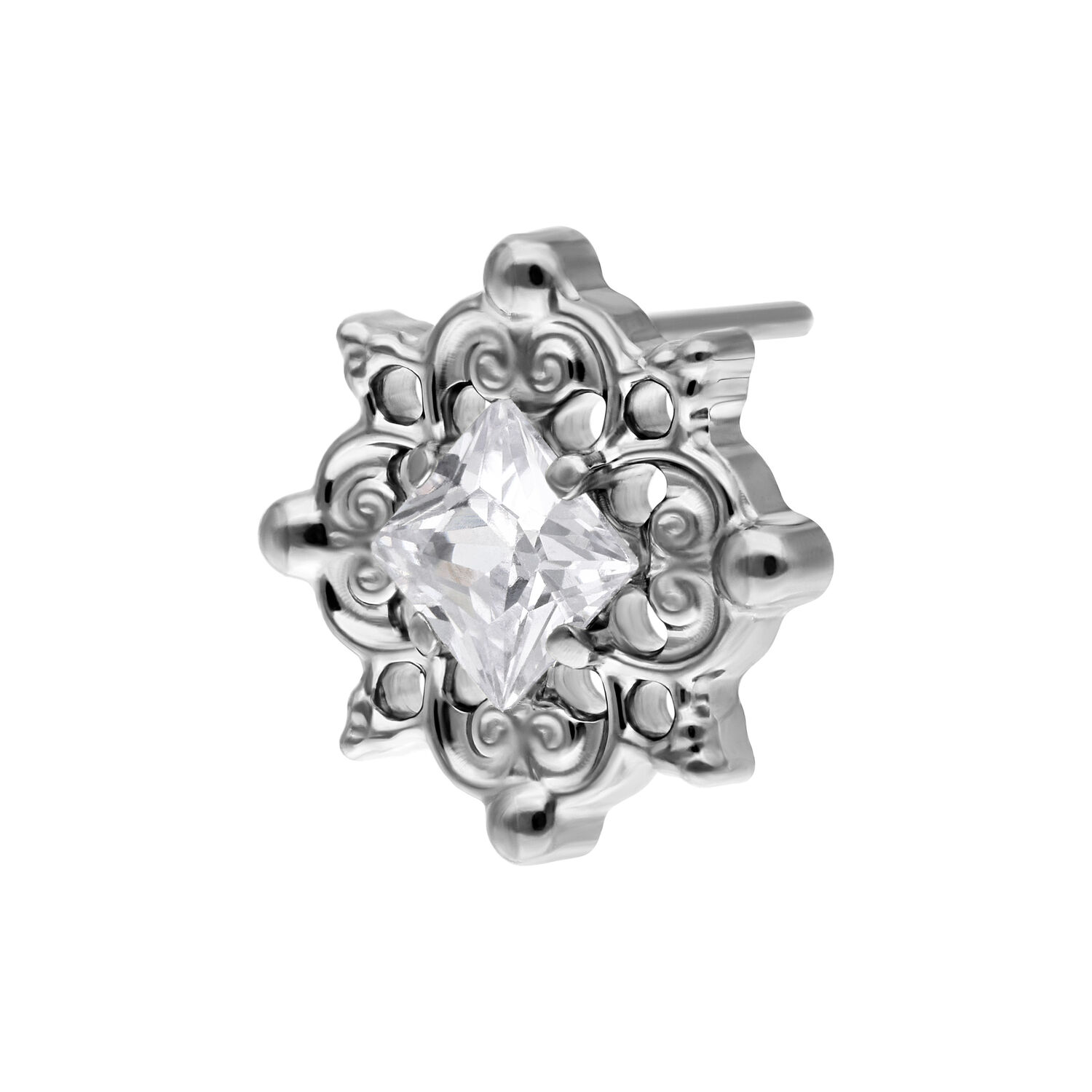 Embout Push Fit en cristal en titane argenté Embout Push Fit argenté avec cristal clair sur fond blanc