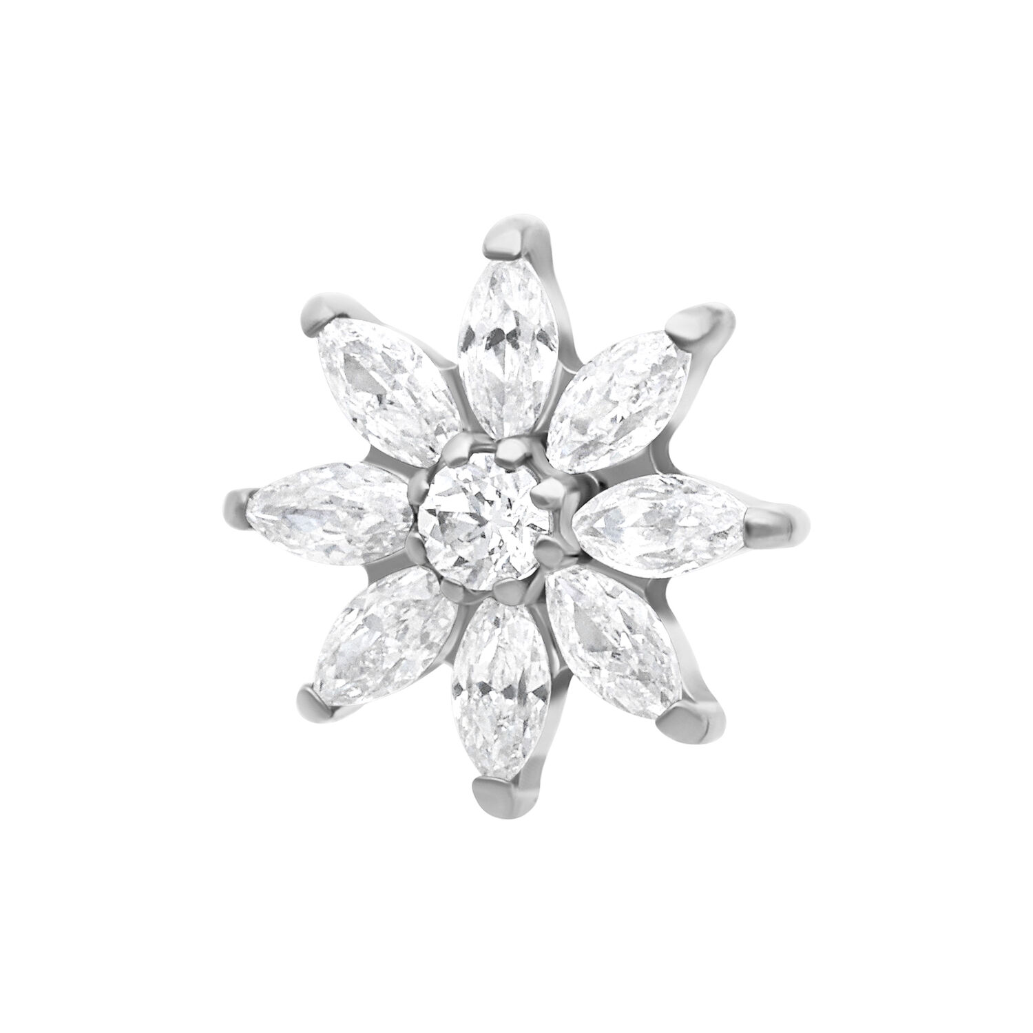 Embout Cristal Flocon de Neige Push Fit Embout cristal flocon de neige argenté avec cristaux clairs sur fond blanc