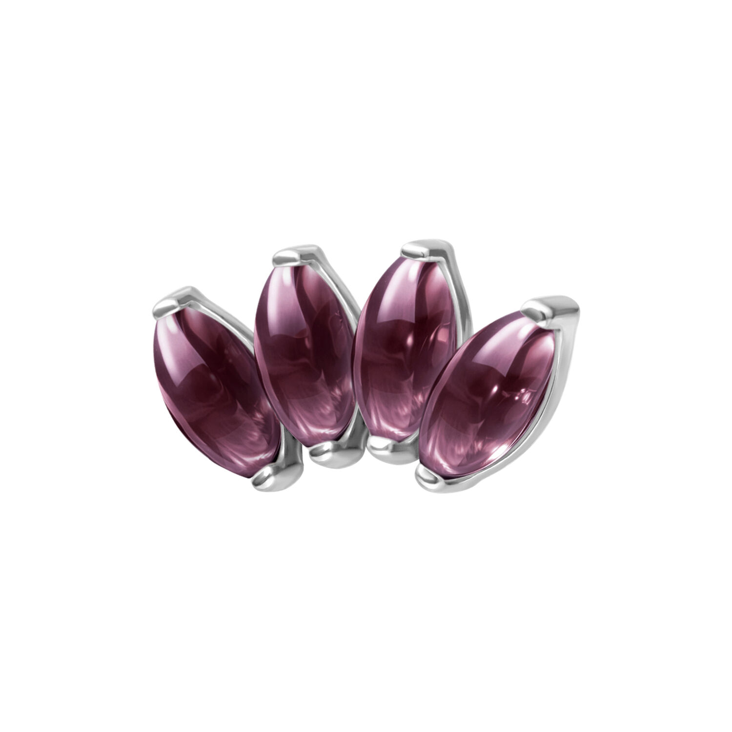 Embout en argent avec améthyste pour piercing Push Fit Quatre embouts en argent avec améthystes violettes sur fond blanc
