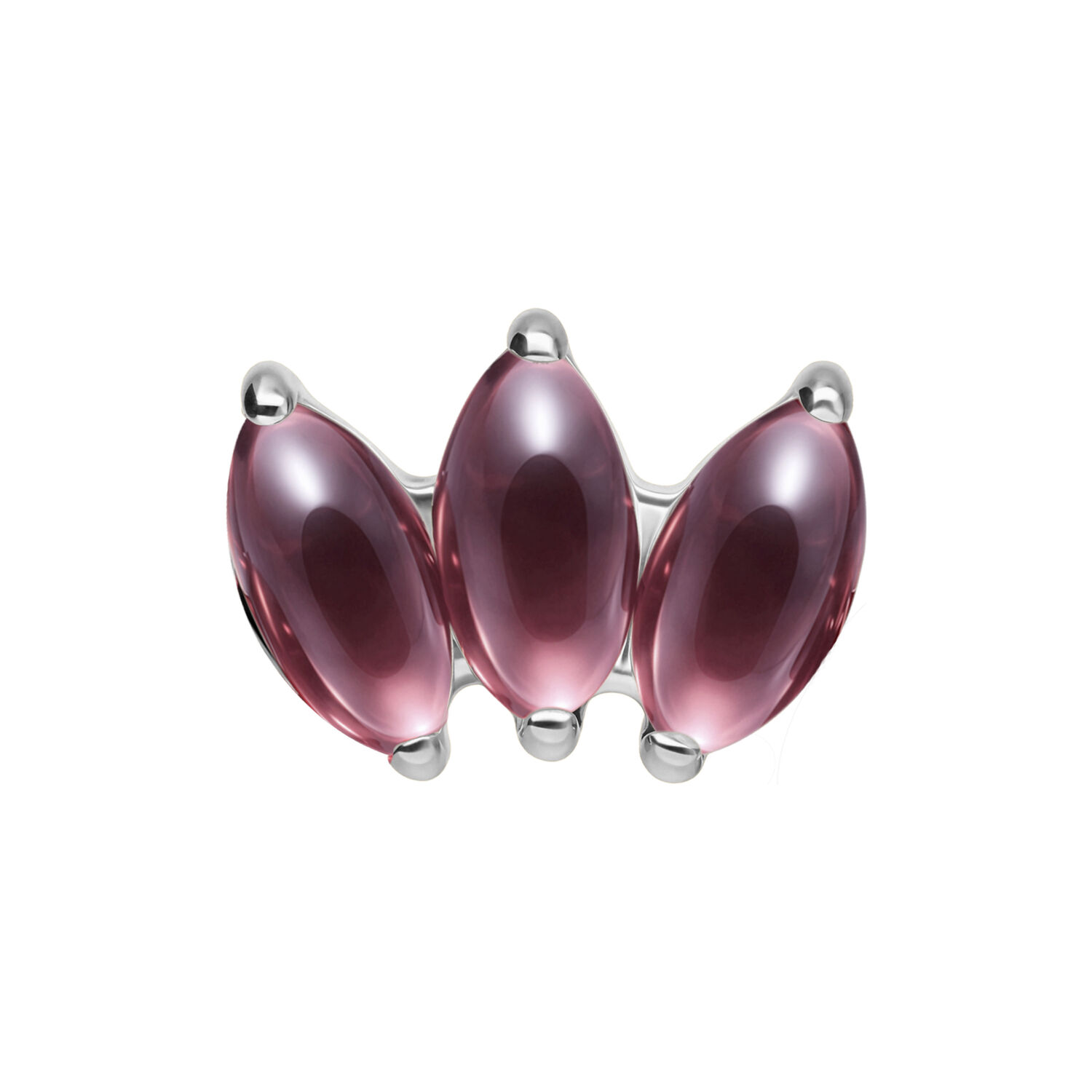 Embout Lotus Push Fit argenté avec trois pierres d'améthyste sur fond blanc
