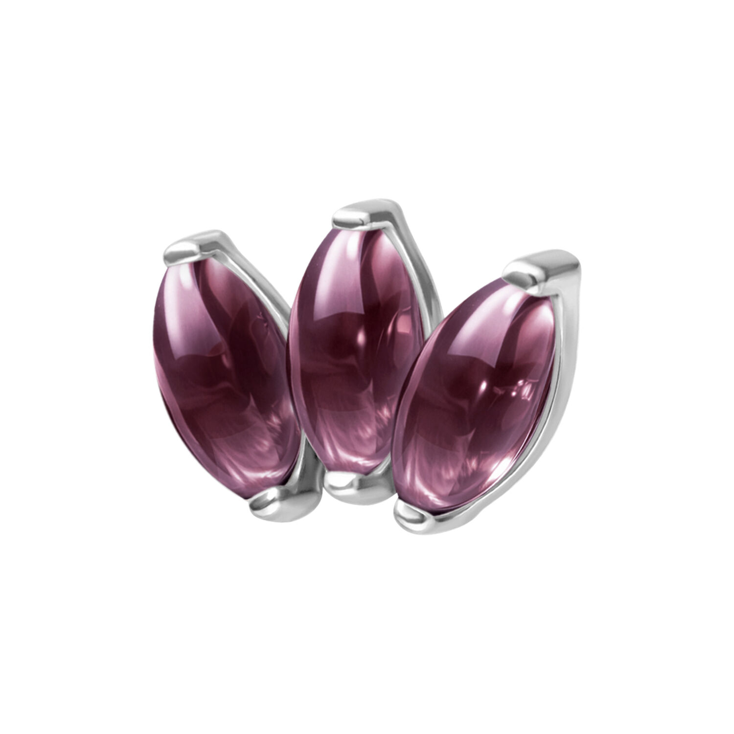 Embout Lotus en argent avec trois améthystes violettes sur fond blanc