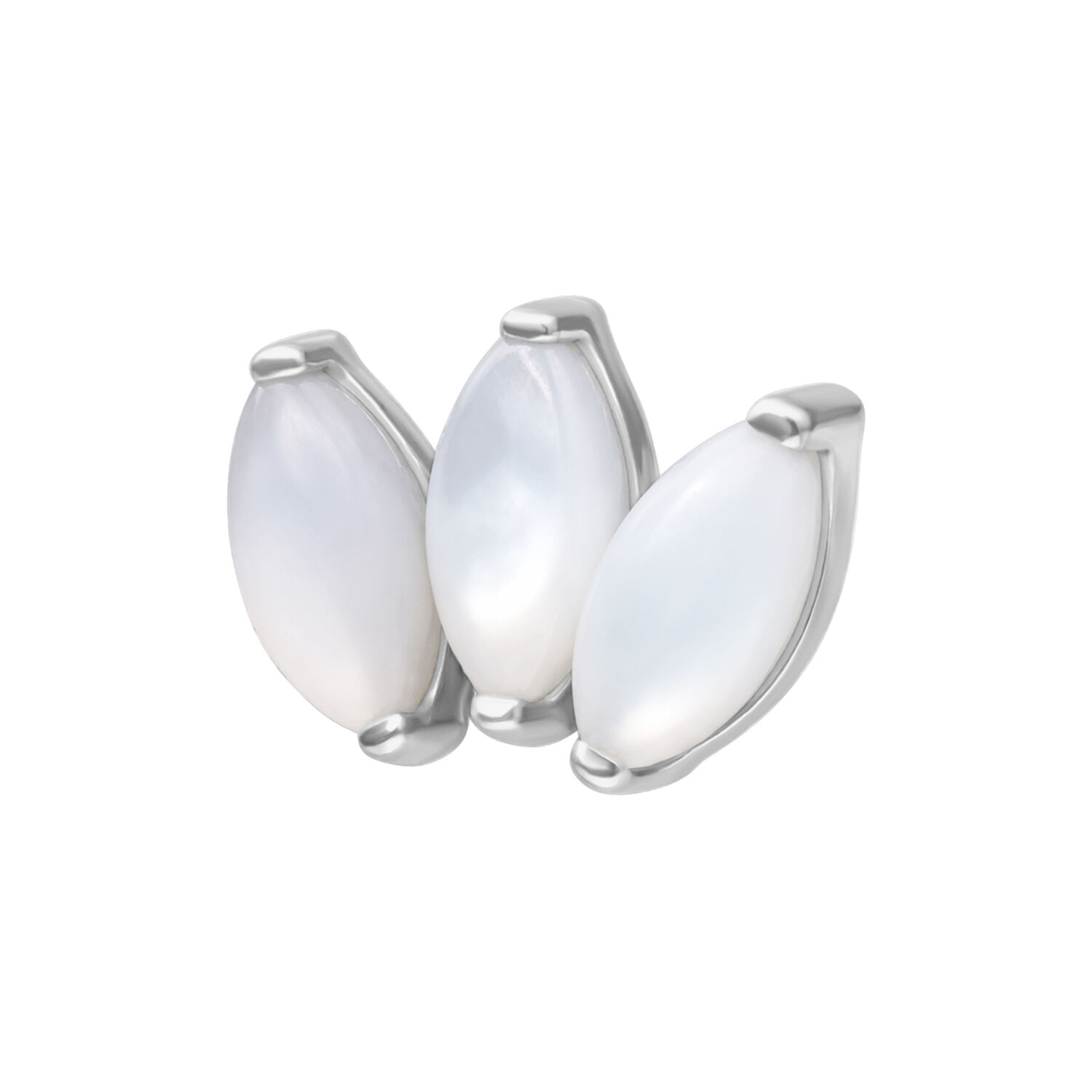 Embout Lotus argenté avec trois incrustations de pierre de lune scintillantes sur fond blanc