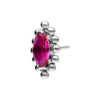 Embout Push Fit argenté avec cristal rouge Embout de piercing argenté avec cristal rouge ovale, entouré de billes argentées sur fond blanc