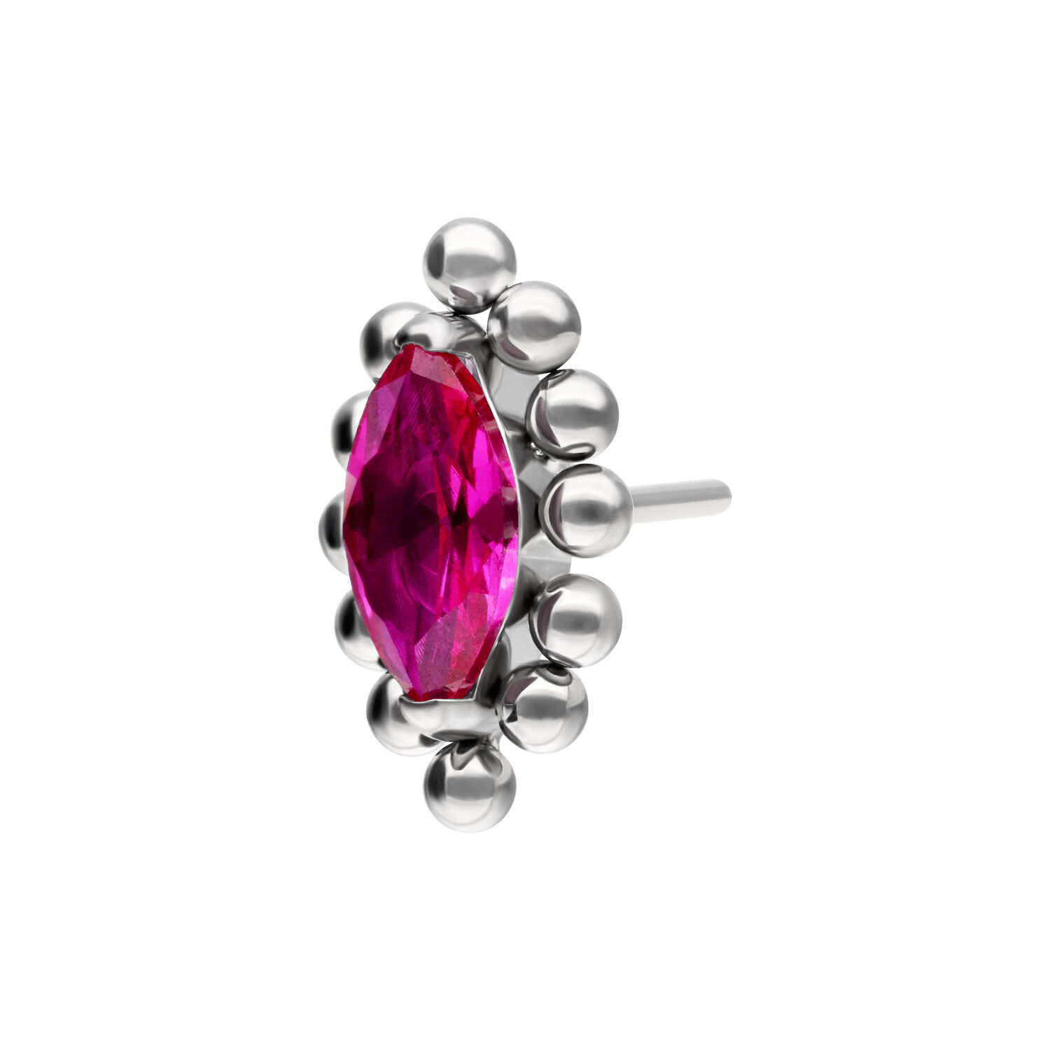 Embout Push Fit argenté avec cristal rouge Embout de piercing argenté avec cristal rouge ovale, entouré de billes argentées sur fond blanc