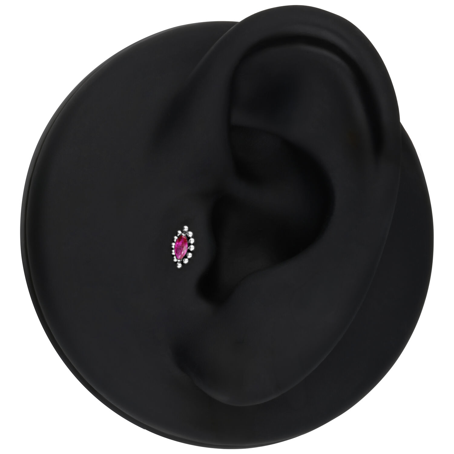 Embout Push Fit argenté avec cristal rouge Modèle d'oreille noire avec embout Push Fit argenté et cristal rouge