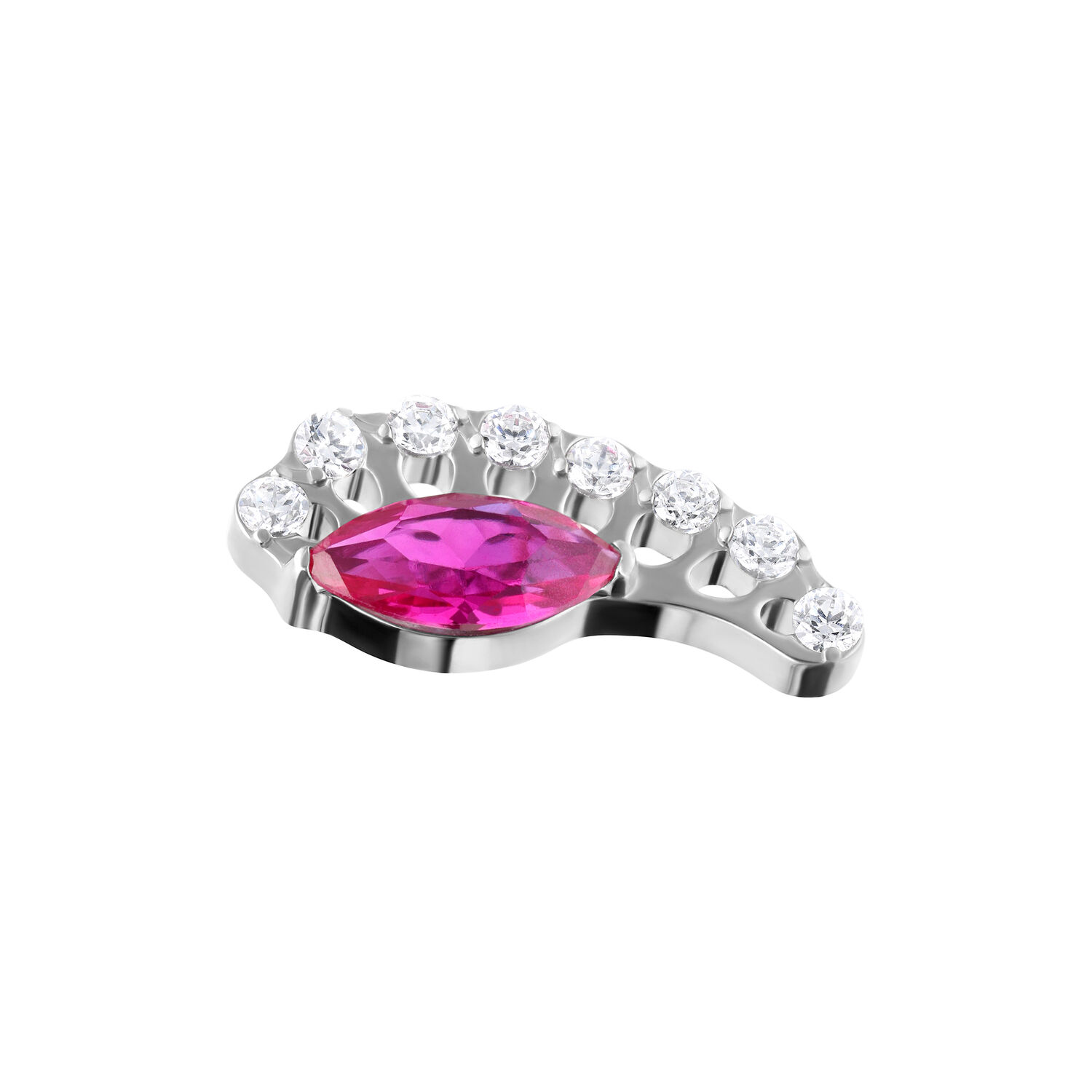 Embout Push Fit argenté avec cristal rouge Embout argenté avec cristal ovale rouge et pierres claires sur fond blanc