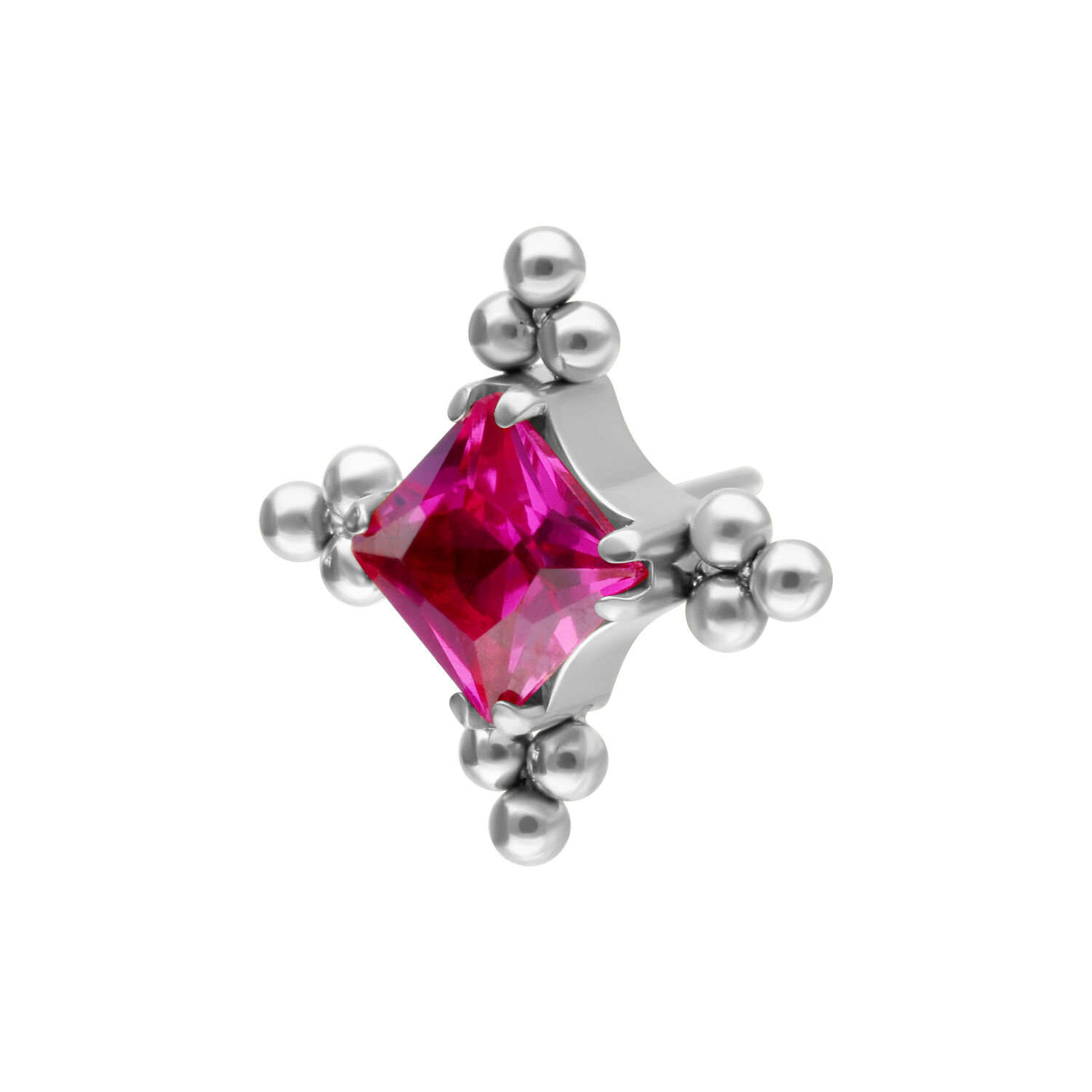 Embout de piercing Push Fit argent avec cristal rouge Embout de piercing argent avec cristal rouge carré et boules argentées