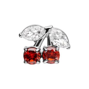 Embout de piercing argenté en forme de cerise avec pierres rouges et claires