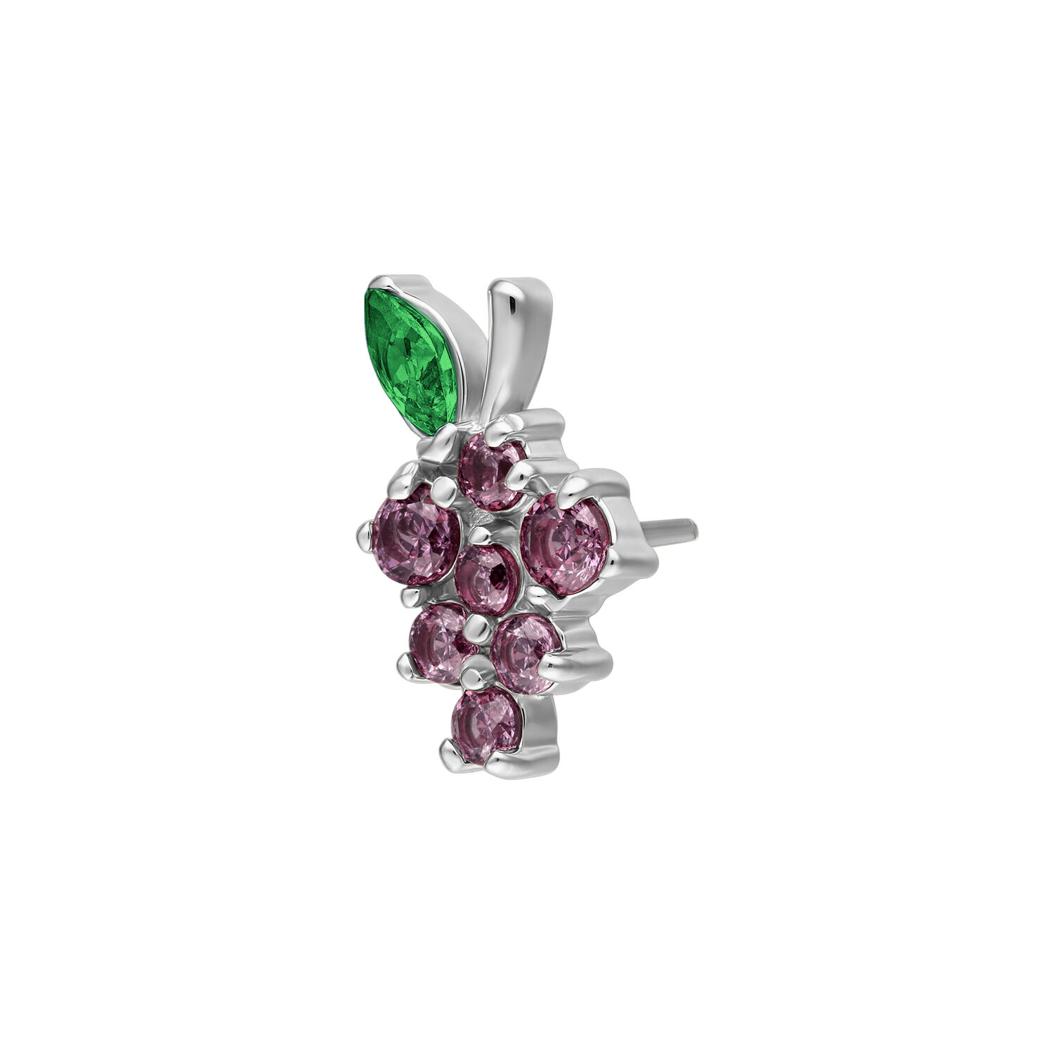 Embout de piercing raisin argenté Embout argenté en forme de raisin avec des pierres vertes et roses sur fond blanc