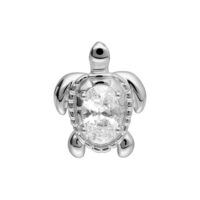 Embout de piercing tortue argenté Embout tortue argenté avec cristal ovale sur fond blanc