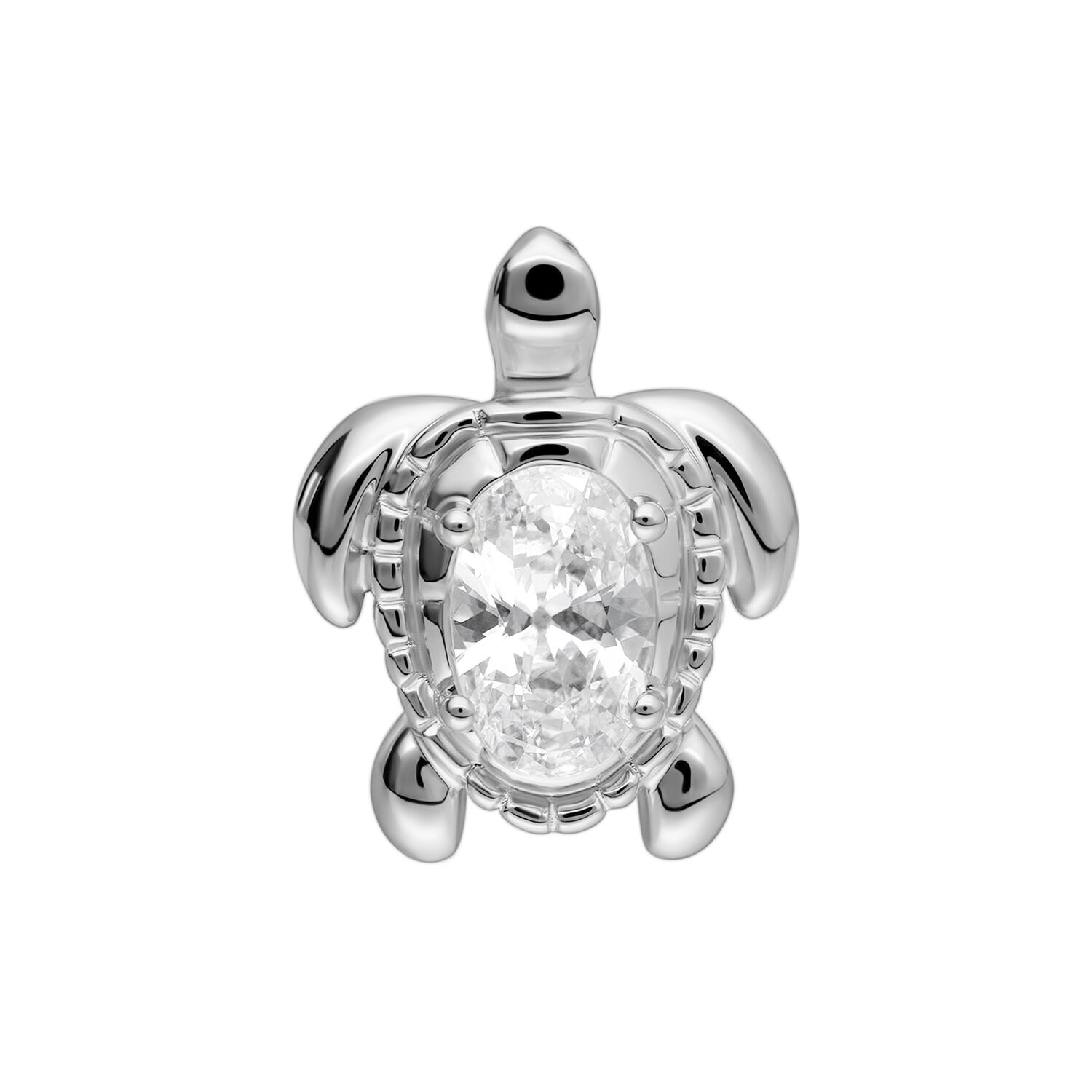 Embout de piercing tortue argenté Embout tortue argenté avec cristal ovale sur fond blanc