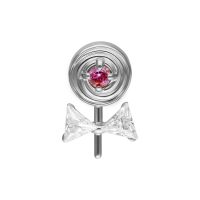 Embout de piercing Lollipop argenté Embout de piercing argenté avec pierre rose et nœud en zircon sur fond blanc