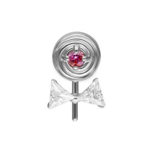 Embout de piercing argenté avec pierre rose et nœud en zircon sur fond blanc