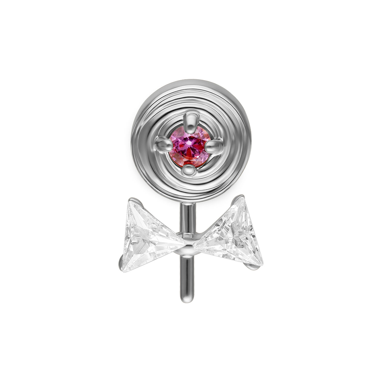 Embout de piercing Lollipop argenté Embout de piercing argenté avec pierre rose et nœud en zircon sur fond blanc