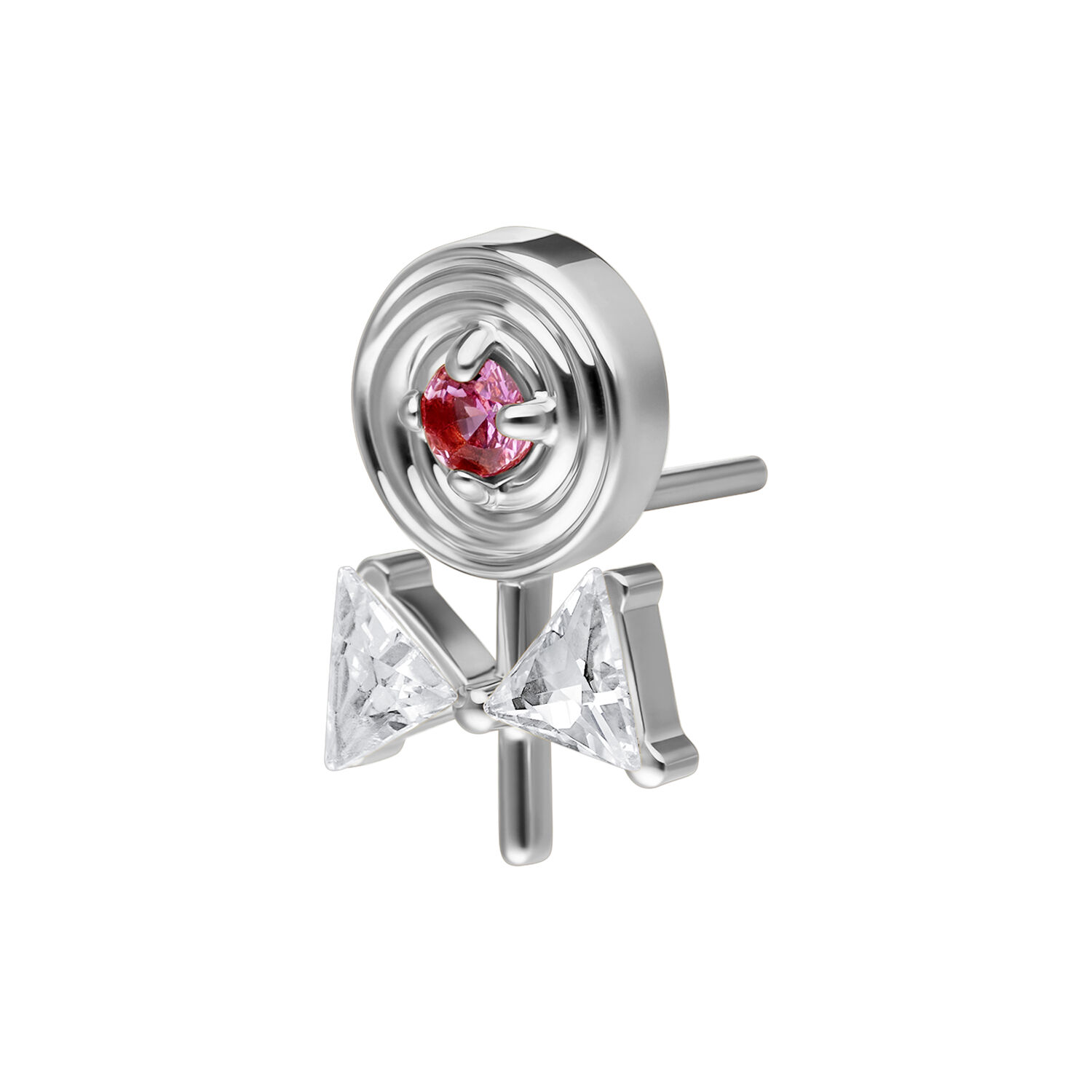 Embout Lollipop argenté avec cristaux Embout Push Fit Lollipop argenté avec cristal rouge et clair sur fond blanc