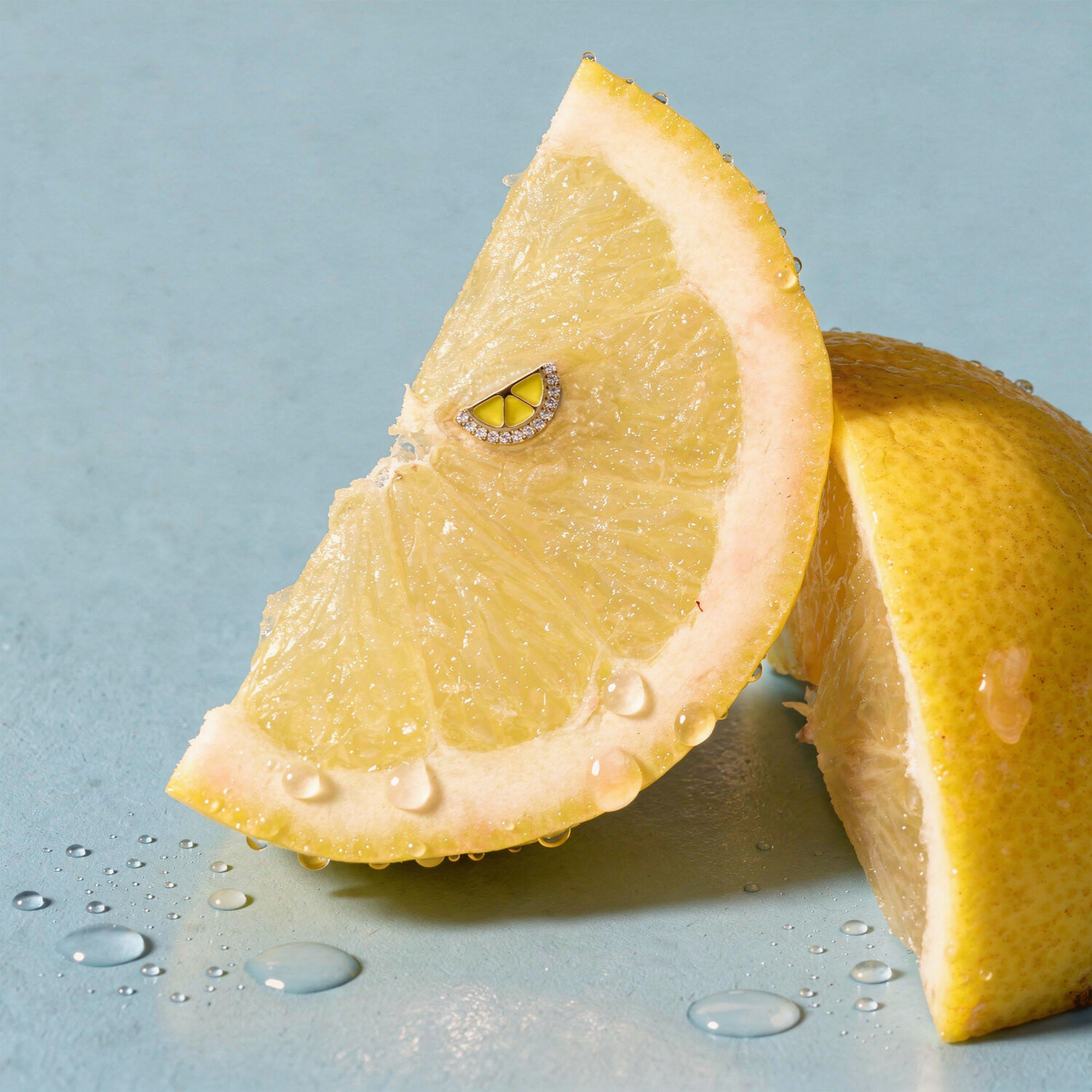 Push Fit embout citron titane or Deux tranches de citron sur fond bleu, l'une avec un petit embout doré