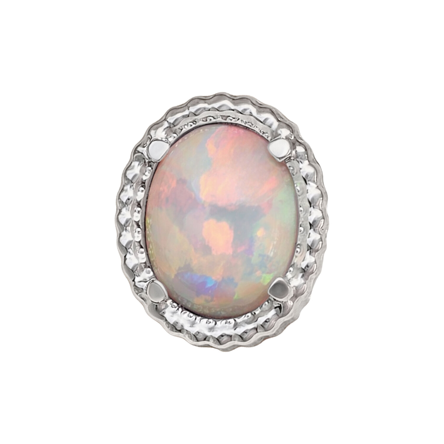 Embout opale ovale en argent avec bord facetté sur fond blanc