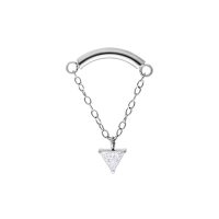 Embout Helix Triangle Argenté avec Cristal Embout Helix argenté avec pendentif en cristal triangulaire et chaîne sur fond blanc