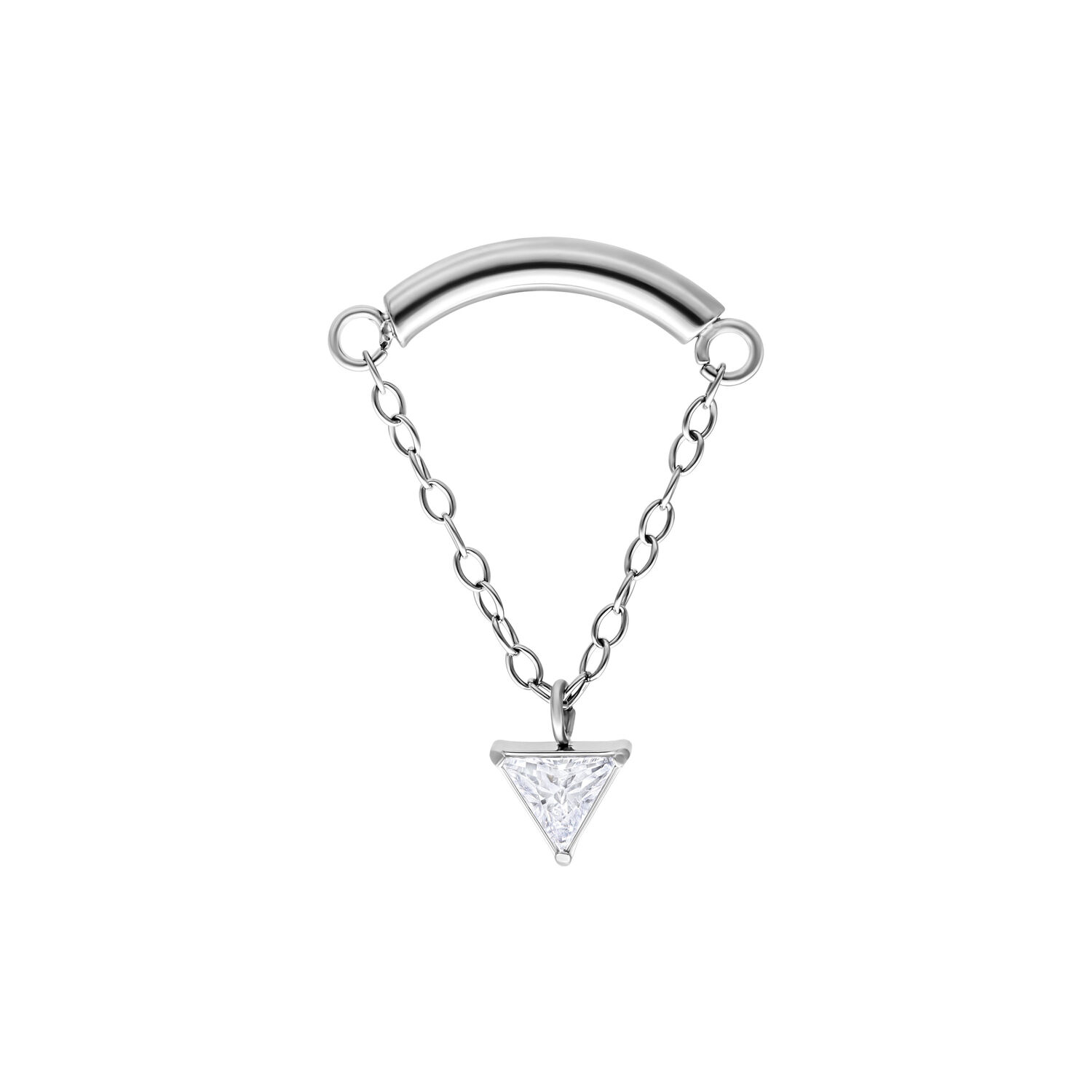Embout Helix Triangle Argenté avec Cristal Embout Helix argenté avec pendentif en cristal triangulaire et chaîne sur fond blanc