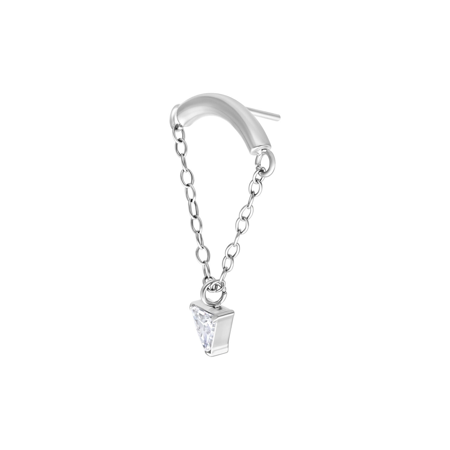 Triangle Helix Push Fit en argent Embout Helix argenté avec chaîne et pendentif en cristal clair sur fond blanc