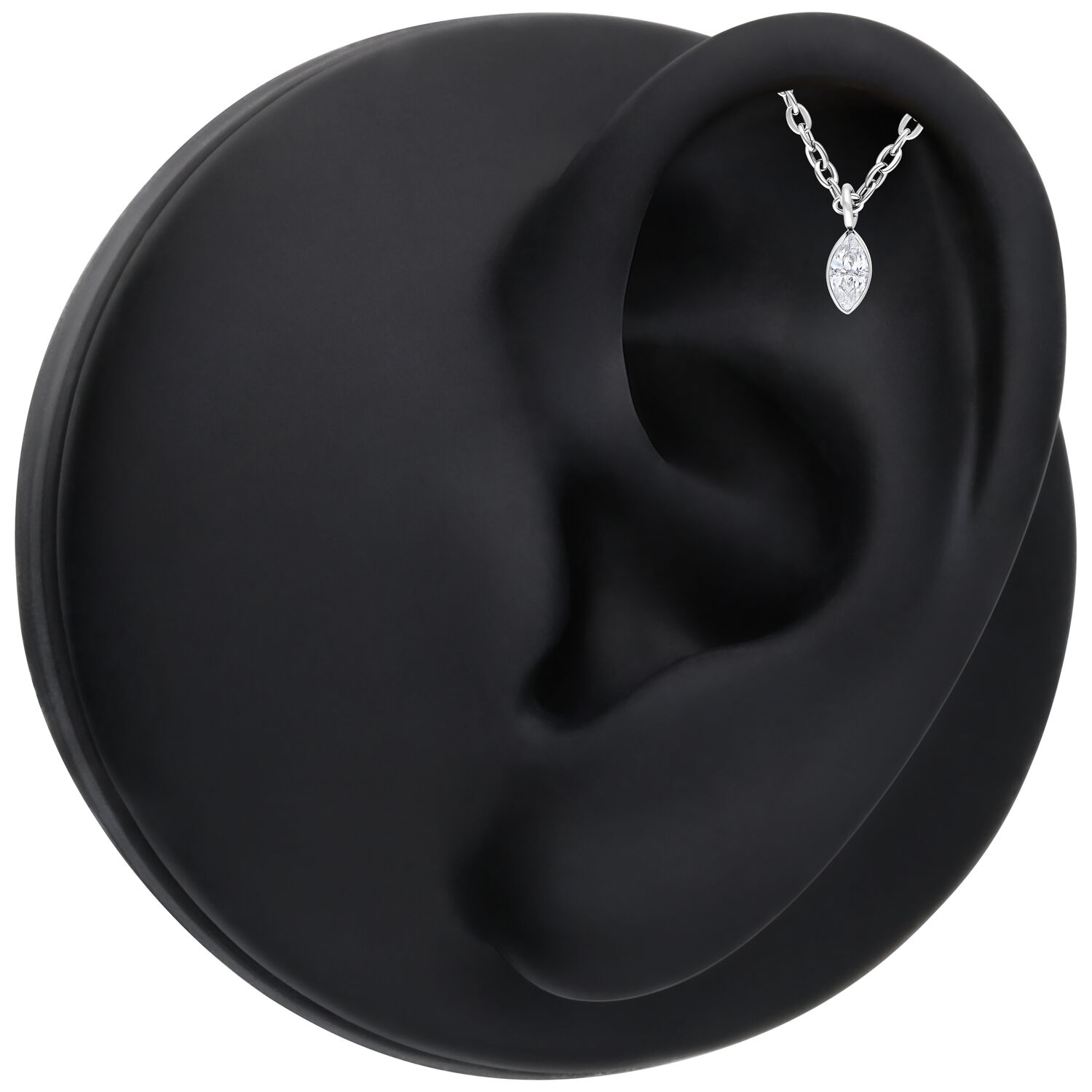 Élégant embout ovale Helix Push Fit Embout ovale Helix en argent en titane sur une oreille noire