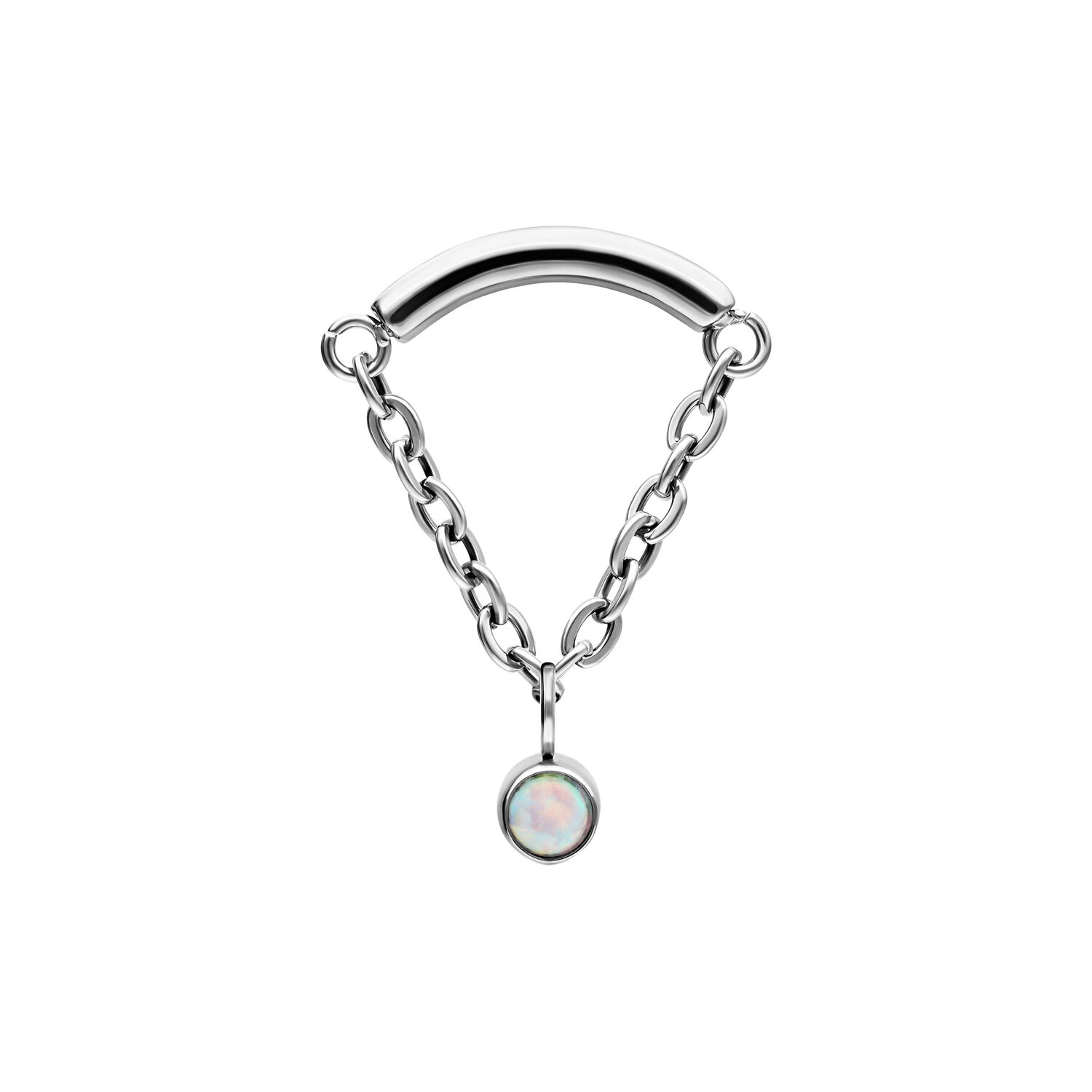 Embout de piercing hélice argenté avec chaîne et opale synthétique sur fond blanc