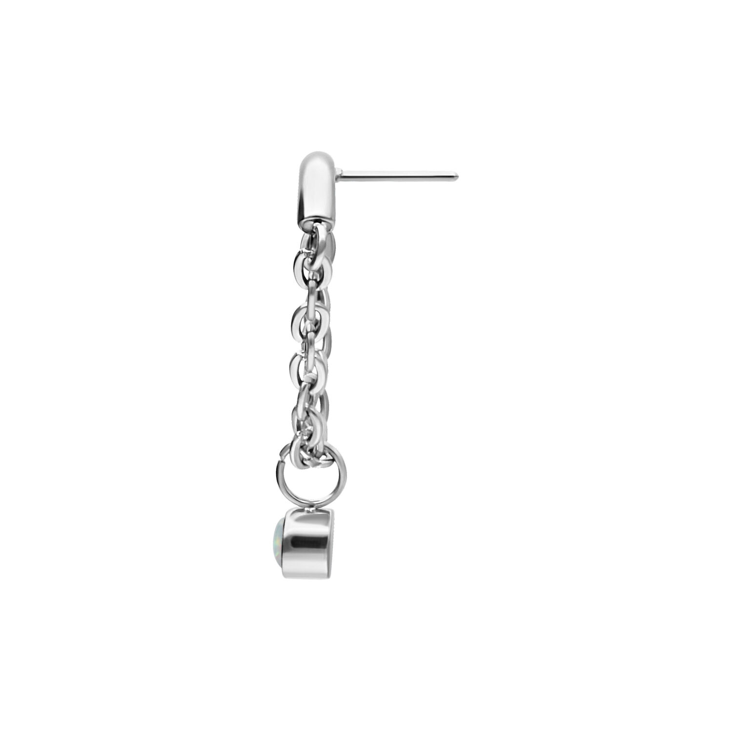 Embout de piercing argenté avec opale synthétique sur fond blanc