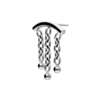Embout de piercing d'oreille argenté avec chaînes Embout de piercing argenté avec trois chaînes et boules sur fond blanc