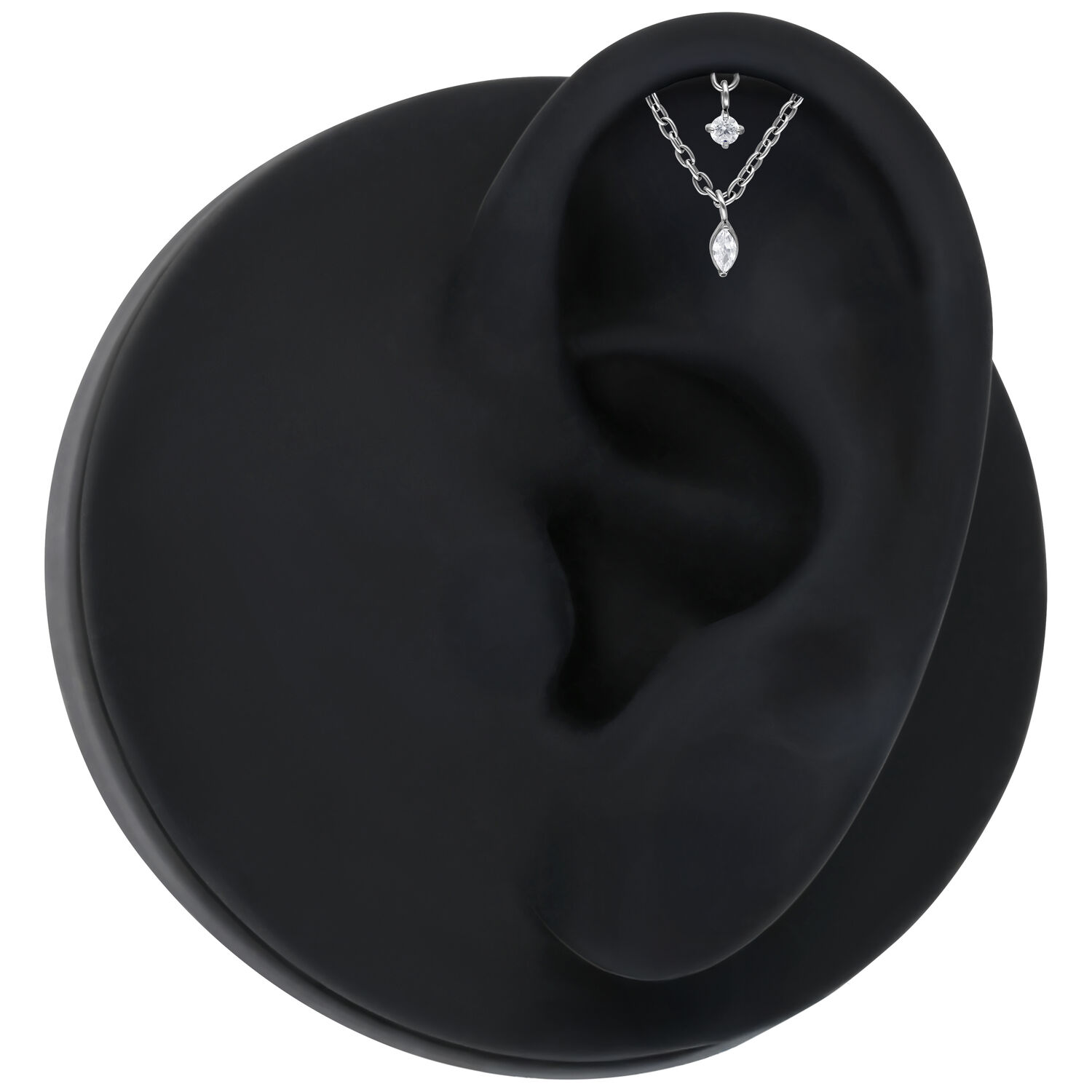 Embout Hélice Double Cristal en Argent Embout hélice argenté avec deux cristaux sur un modèle d'oreille noire