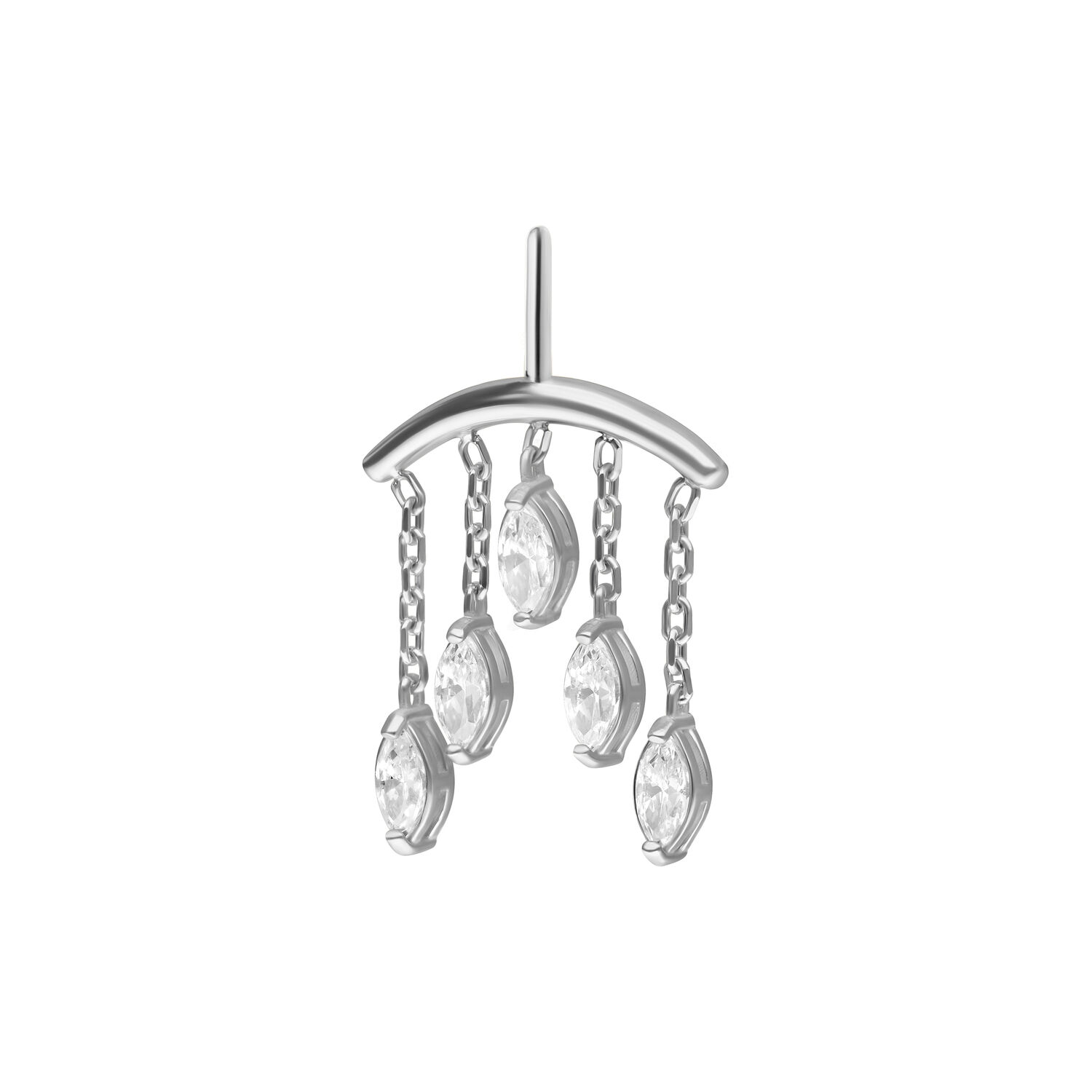 Embout hélice argenté avec pendentifs ovales Embout hélice argenté avec cinq pendentifs ovales en cristal clair sur chaînes, sur fond blanc