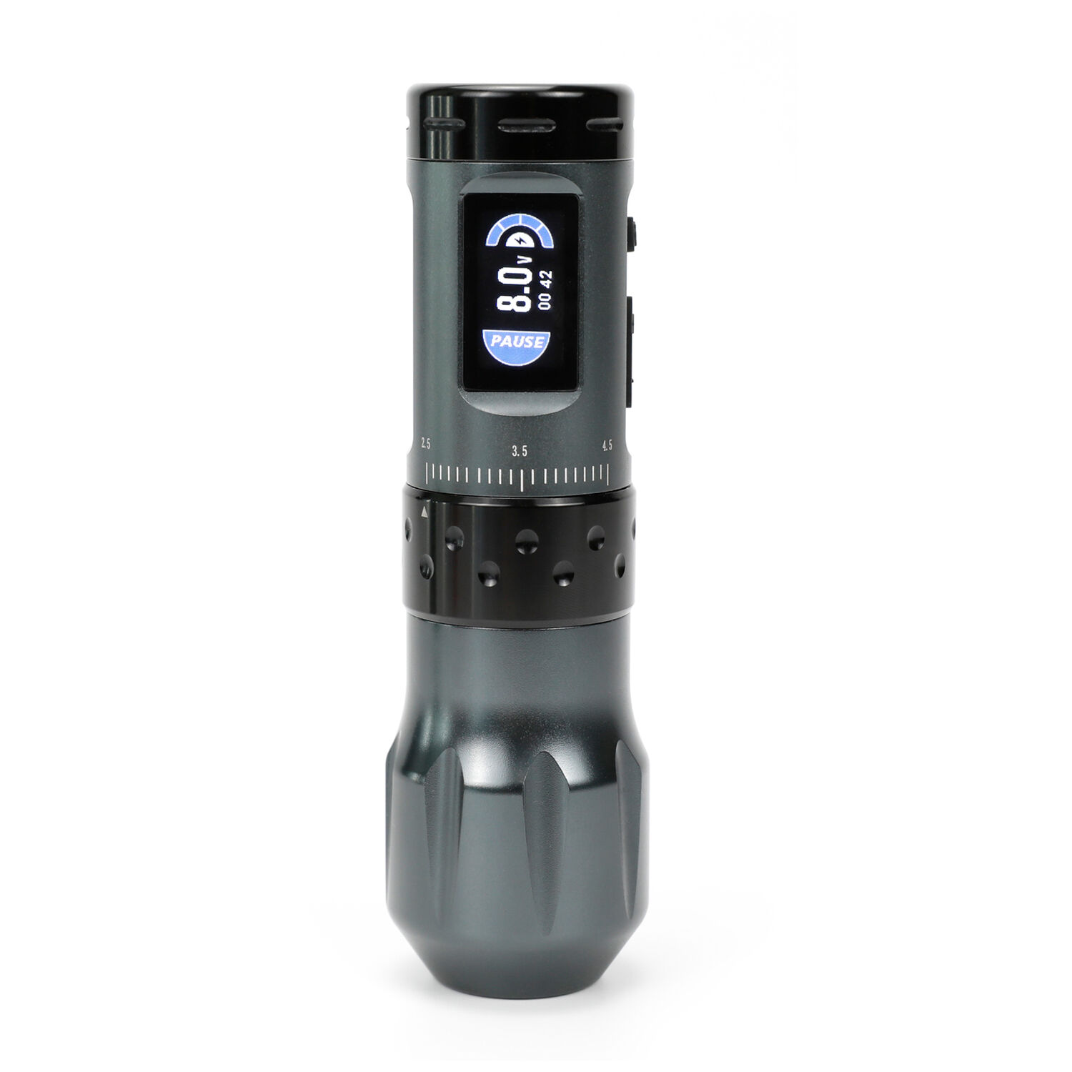 Ava Wireless Pen Machine grise avec poignée de 38 mm Machine à tatouer sans fil grise avec poignée de 38 mm sur fond blanc