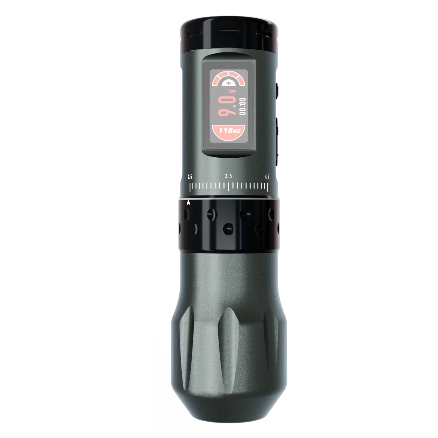 Ava Wireless Pen Machine en gris avec poignée Machine à tatouer sans fil grise avec écran numérique sur fond blanc