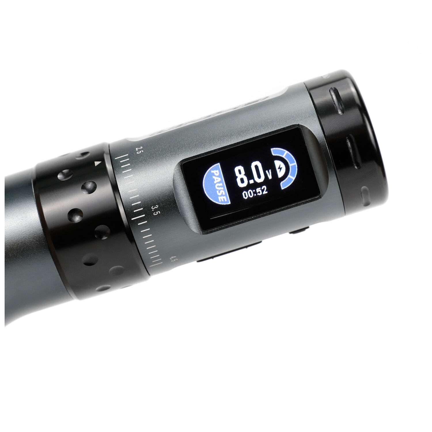 Ava Wireless Pen Machine grise avec écran Machine à tatouer sans fil grise avec écran digital sur fond blanc