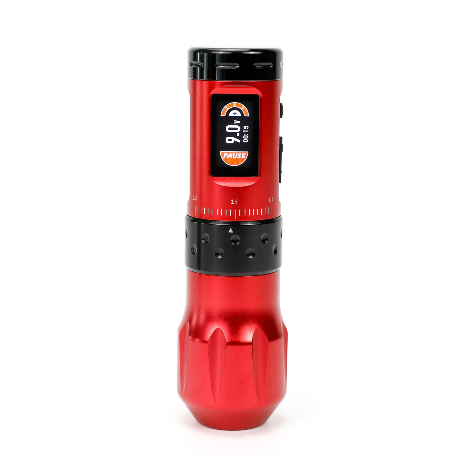 Machine à stylo sans fil Ava rouge avec poignée de 38 mm Machine à tatouer sans fil Ava rouge avec poignée noire sur fond blanc