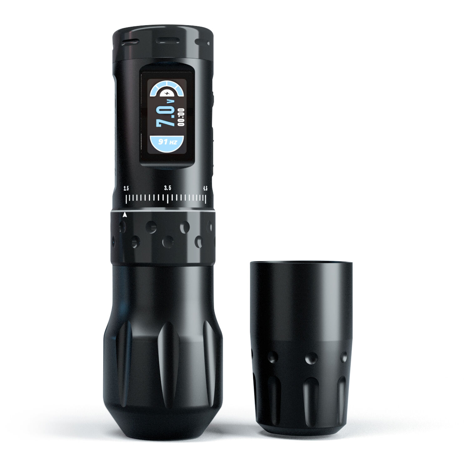 Ava Wireless Pen Machine en noir Machine à tatouer sans fil noire avec deux poignées sur fond blanc