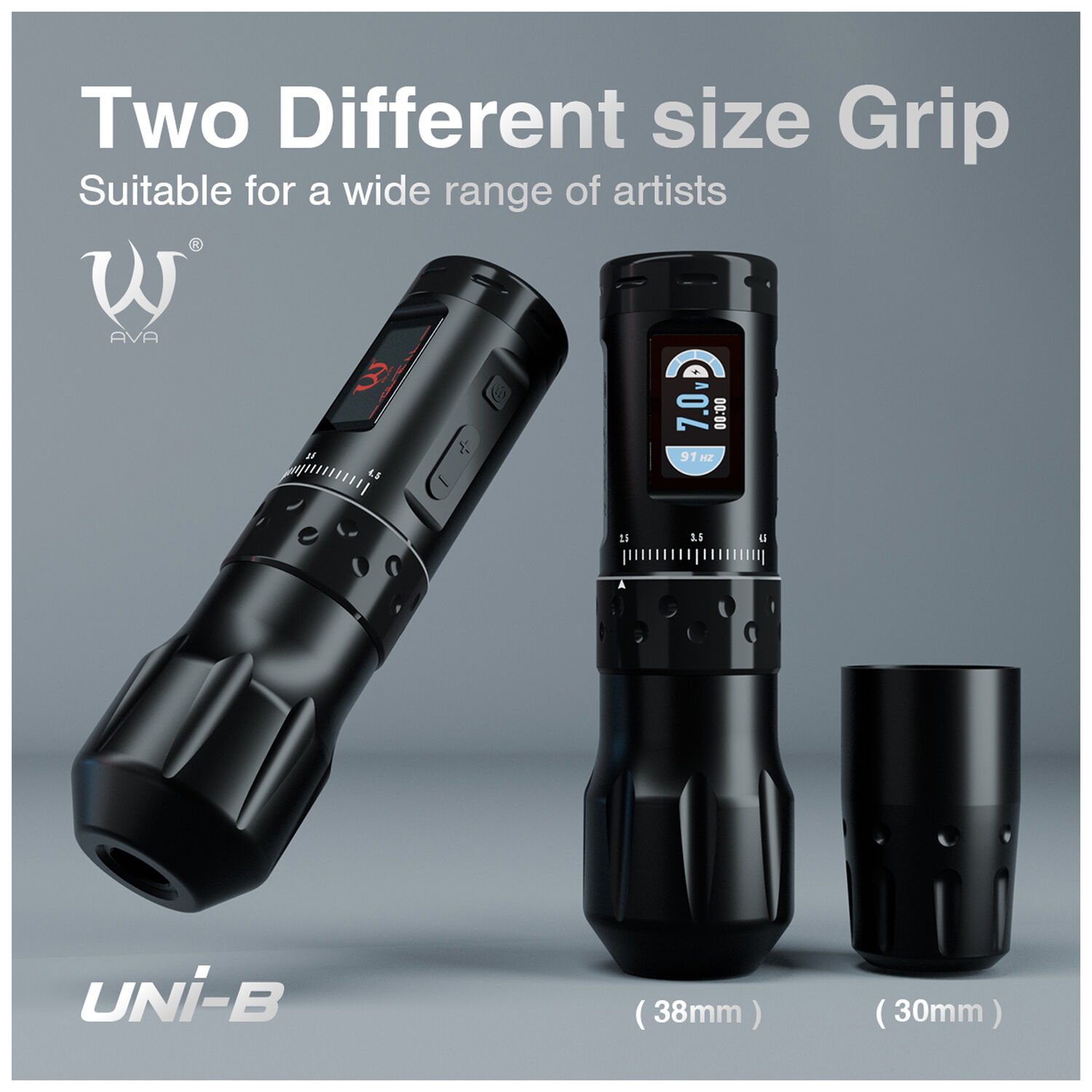 Ava Wireless Pen Machine Noire avec 2 Poignées Machine à tatouer sans fil noire avec deux poignées interchangeables sur fond gris