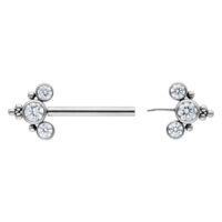 Barbell argenté Sonya avec cristaux, 14 mm Barbell argenté avec cristaux clairs, vue de face et de côté sur fond blanc
